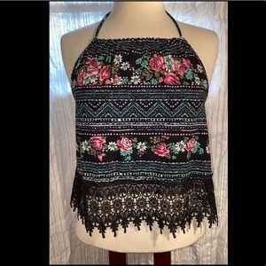 Black Floral Print Tank Top with Lace Detail